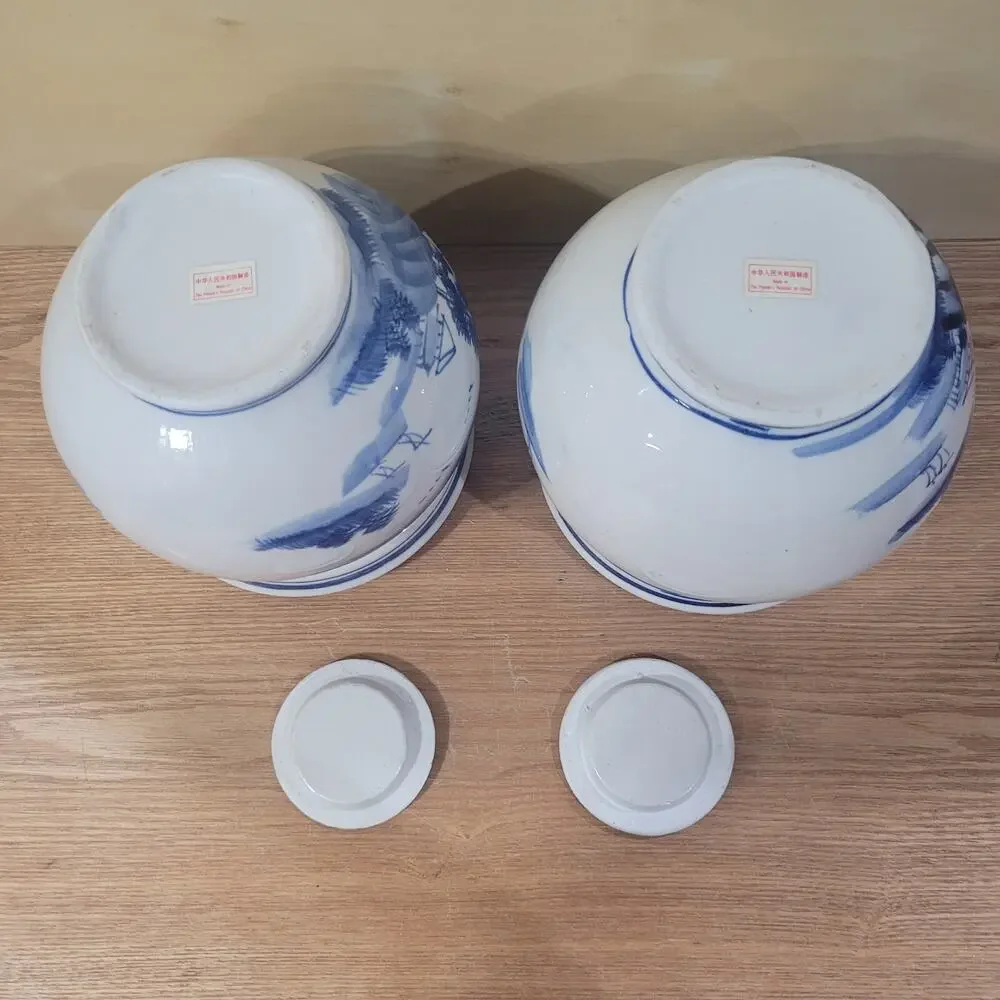 2 Vtg Chinese Blue White Dragon Chinoiserie Jar Vase Peoples Republic of China
